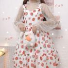 Strawberry Print Pinafore Dress / Long-sleeve Mesh Top