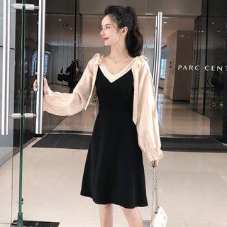 Long-sleeve Color Block Ribbon A-line Dress