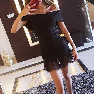 Off-shoulder Mesh Hem Sheath Dress
