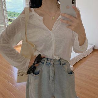 Long-sleeve Cold Shoulder Button-up Top