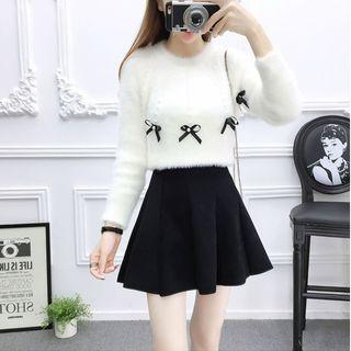Set: Bow-accent Knit Top + A-line Skirt