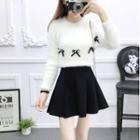 Set: Bow-accent Knit Top + A-line Skirt