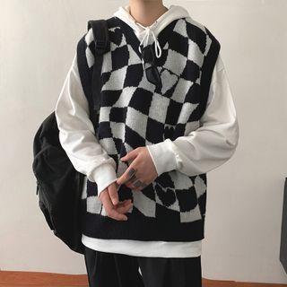 V-neck Plaid Heart Jacquard Sweater Vest