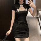 Mandarin Collar Cutout Shirred Mini Bodycon Dress