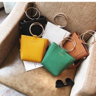 Round Handle Faux Leather Crossbody Bag