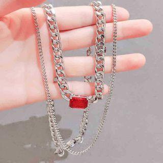 Rhinestone Pendant Layered Alloy Necklace Red & Silver - One Size