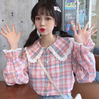 Long-sleeve Plaid Blouse Plaid - Pink - One Size