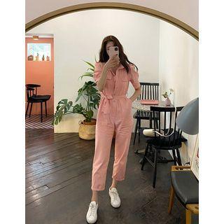 Pastel Puff-sleeve Belted Jumpsuit Pink - One Size