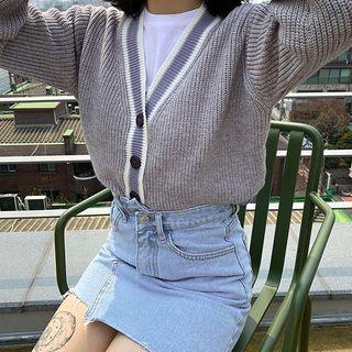 Contrast-trim Tube-hem Rib-knit Cardigan