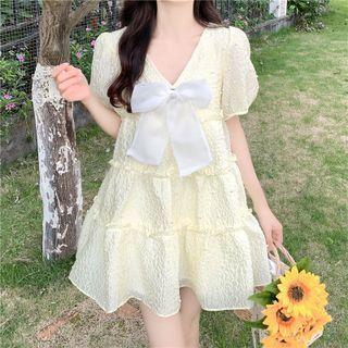 Puff-sleeve Bow Tiered Mini A-line Dress