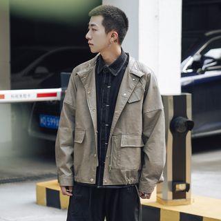 Faux-leather Drawstring Button Zip Jacket