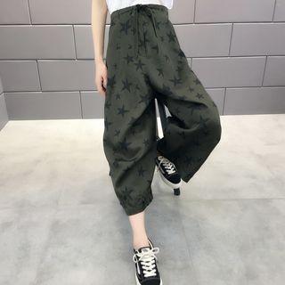 Star Print Cropped Harem Pants Army Green - One Size