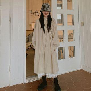 Puff-sleeve Midi Shirtdress Dress - Beige - One Size