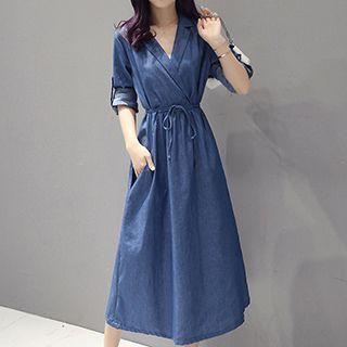 Long-sleeve Denim Tie Waist Midi Dress