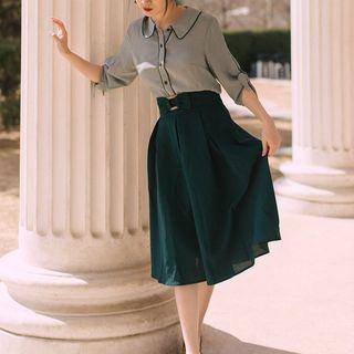 Set: Elbow-sleeve Shirt + Midi A-line Skirt