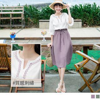 Floral Embroidered Drawstring Waist Panel Midi Dress