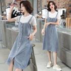 Short-sleeve Plain T-shirt / Button-up Denim Midi Overall Dress / Set