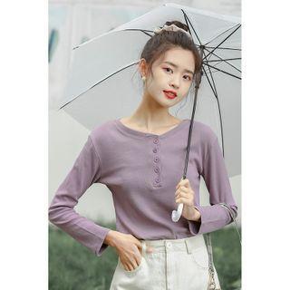 Plain Long-sleeve Henley T-shirt Purple - One Size