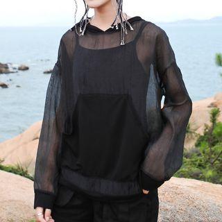 Long-sleeve Hooded Sheer Top Black - One Size