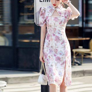 Short-sleeve Cut Out Floral Sheath Qipao