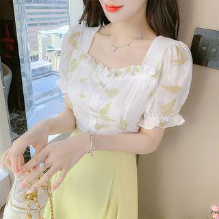 Short-sleeve Print Frill Trim Blouse