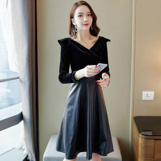 Ruffle Faux Leather Panel A-line Dress