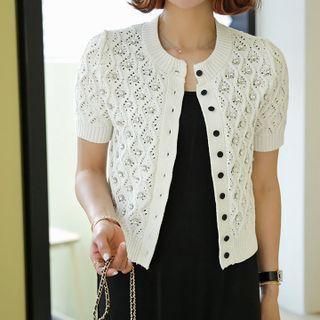 Rhinestone-detail Perforated Cardigan Ivory - One Size