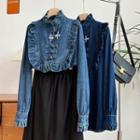 Long-sleeve Frilled Frog-button Denim Blouse