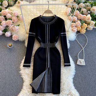 Long-sleeve Contrast Stitching Knit Midi Dress Black - One Size