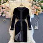 Long-sleeve Contrast Stitching Knit Midi Dress Black - One Size