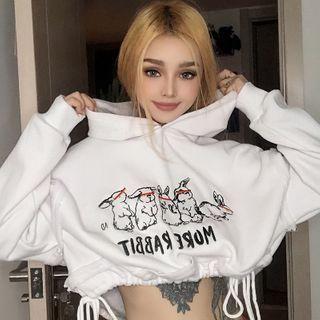 Rabbit Print Drawstring Cropped Hoodie