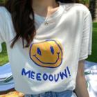 Smiley Face Elbow-sleeve T-shirt As Shown In Figure - One Size
