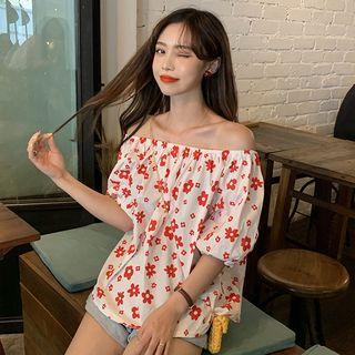 Elbow-sleeve Flower Print Top Red - One Size