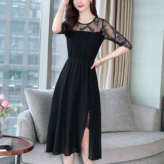 Elbow-sleeve Lace Paneled Slit A-line Midi Chiffon Dress