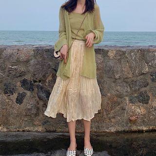 Open-front Cardigan / Tank Top / Crinkled Midi A-line Skirt
