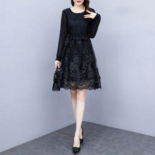 Long-sleeve Embroidered Lace Ruffled A-line Dress