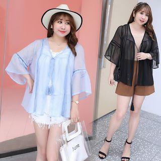 Elbow-sleeve Tie-front Sheer Jacket