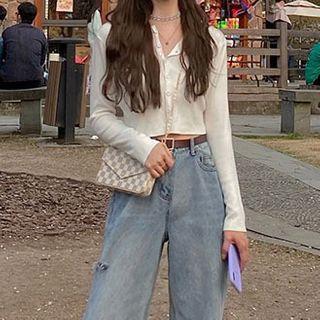 Long-sleeve Button Up Knit Top White - One Size