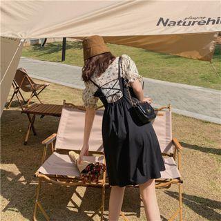 Plain Open Back Drawstring A-line Mini Dress Black - One Size