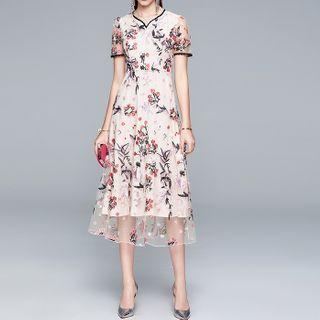 Embroidered Mesh Midi A-line Dress