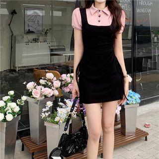 Puff-sleeve Collar Mock Two-piece Mini Sheath Dress