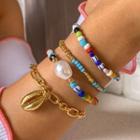 Set Of 4: Chain Bracelet + Beaded Bracelet Set Of 4 Pcs - White & Blue & Gold - One Size