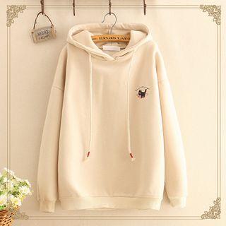 Cat Embroidered Drawstring Hoodie As Shown In Figure - One Size