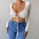 Long Sleeve V-neck Lace-up Cropped Top