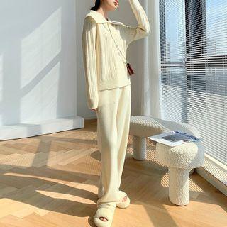 Set: Collared Sweater + Wide-leg Pants