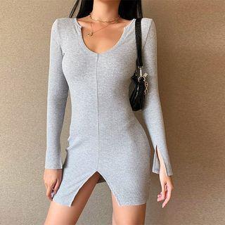 Scoop-neck Slit-front Minidress