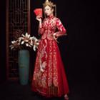 Embroidered Long-sleeve Wedding Cheongsam / Headpiece / Set