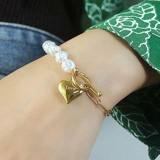 Heart Charm Faux Pearl Bracelet