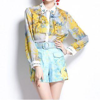 Set: Print Ruffled Chiffon Shirt + High-waist Shorts