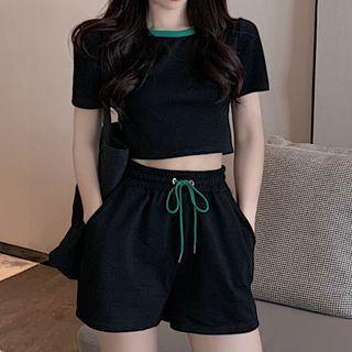 Set: Contrast Trim Cutout Cropped T-shirt + Wide-leg Shorts T-shirt - Black - One Size / Shorts - Black - One Size